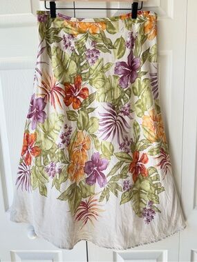 Talbots Linen Silk Midi Skirt 14P Tropical Hibiscus Print Resortwear Old Money